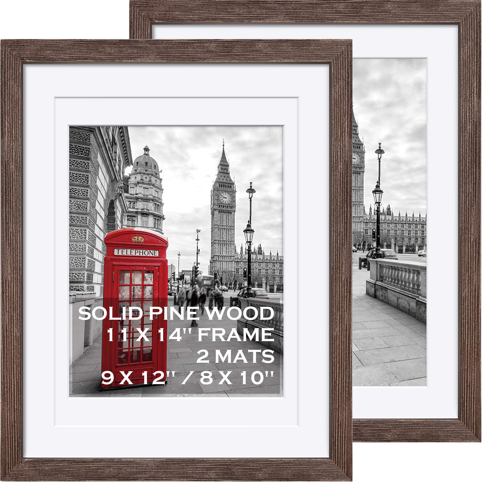 Photo 1 of 11x14 Rustic Picture Frames Solid Wood - Display Pictures 9x12 or 8x10 with Mat or 11x14 Frame without Mat - Farmhouse Wooden Photo Frame 11x14 inch with 2 Mats for Wall Mounting or Table Top, 2 Set