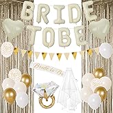Cream Gold Bachelorette Party Decorations Set - 32Pcs with Champagne Curtains, Veil, Bride to Be Balloons, Diamond Ring & Heart Balloons Complete Bridal Shower Decor for Engagement & Wedding Party
