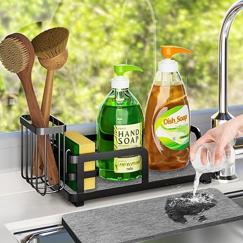 BlitzFill Sink Organizer for Kitchen – Instant Dry Stone, Brush & Sponge Holder, Rustproof Kitchen Sink Caddy with Adjustable Rack,10.2" X 4.7" X 4.1" Sponge Holder for Kitchen Sink,Black