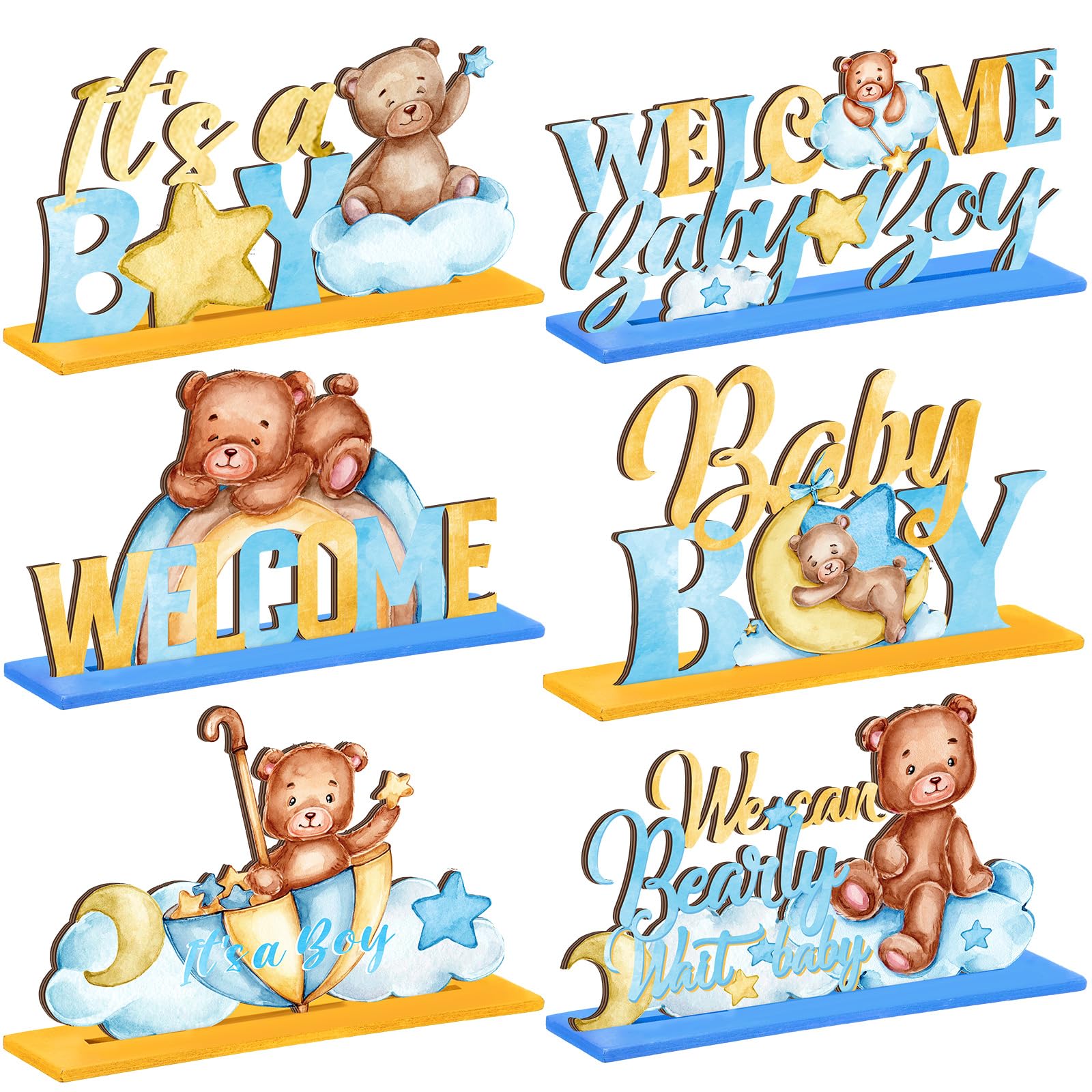 Photo 1 of DoubleFill 6 Pcs Bear Baby Shower Table Wooden Decorations Bear Centerpieces for Tables Gender Reveal Boy Baby Shower Centerpiece for Baby Shower Birthday Party Supplies Birthday Photo Props
