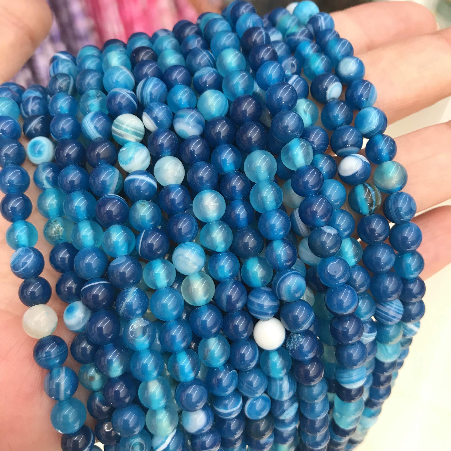 Natural Gemstone Stripes Lace Agate Beads, 8 mm 6 mm 4 mm, Polished and Matt, Ball Shape Jewellery Beads for Jewellery Bracelet Chain Jewellery Making, (4 mm, 25 Pieces, Blue Polished)