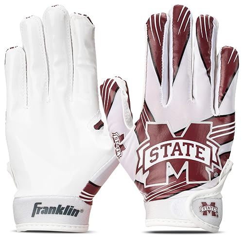 Franklin Sports Mississippi State Bulldogs Kids Football Gloves -Youth Official NCAA College Team - Silicone Palm for Kids Ages 7-10 -Youth Small/Extra Small