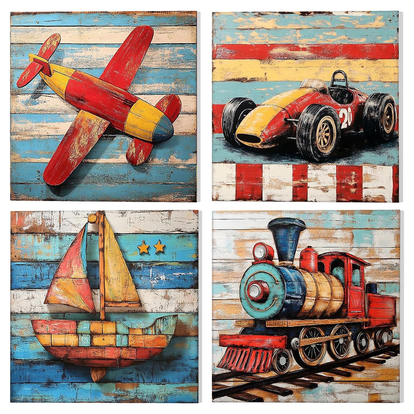 NAIMOER 4 Pack Transportation Mode Paint by Numbers Kits for Adults with Frame, DIY Paint by Numbers for Beginners, Car Painting by Numbers on Canvas Gifts for Home Decor 20x20cm