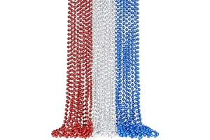SHAOQINLIN 24 PCS Patriotic Bead Necklaces, 4th of July Beads Necklaces Bulk 4th of July Accessories 33 Inch Metallic Red/Silver/Blue Beaded Necklace for Patriotic Day, Carnival Party Favor