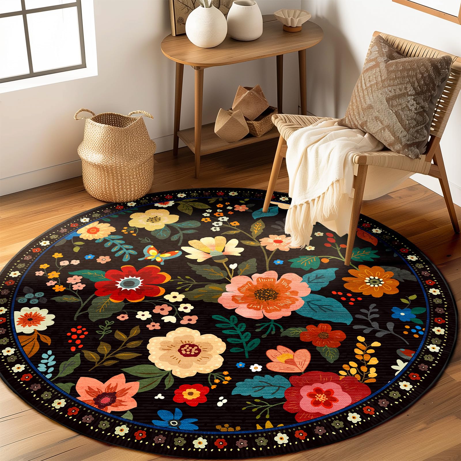 Photo 1 of RELEANY Floral 6ft Area Rug Machine Washable Soft Print Boho Carpet Non Slip Doormat Low Pile Flower Area Rugs for Living Room Bedroom Nursery Kitchen Dining Room Indoor-Black