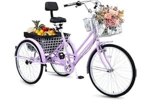 BGGFNZ 24/26 Inch Tricycle for Adults, 7 Speed Beach Cruiser Bike Adult Tricycles for Women Men, 3 Wheel Bikes for Adults Large Seat with Backrest, Three Wheel Bikes with Front & Rear Baskets