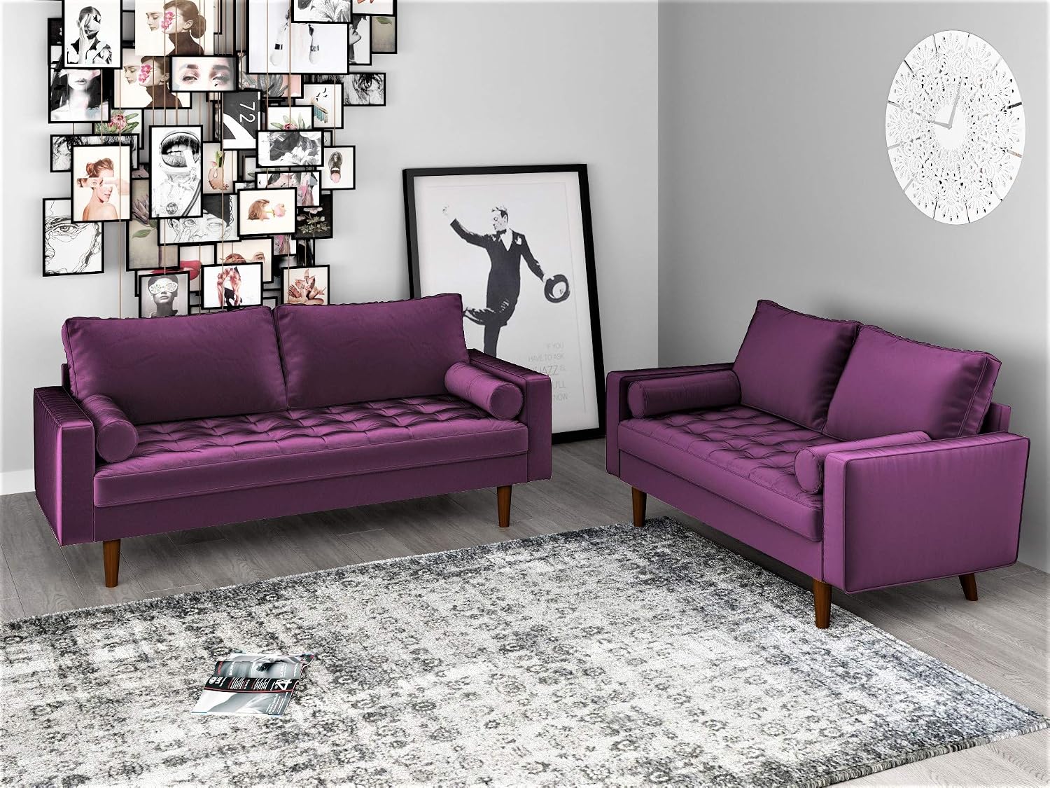 Amazon Com Container Furniture Direct Mid Century Modern Velvet Upholstered Button Tufted Living Room Sofa 2 Piece Set Eggplant Furniture Decor