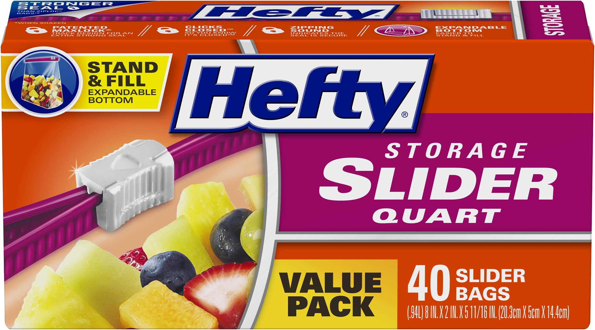 Hefty Slider Storage Bags, Quart Size, 40 Count