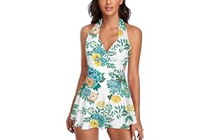 Omichic Womens Halter Tankini Swimsuits Two Piece Tummy Control Bathing Suits V Neck Swimdress with Boyshorts Swimwear