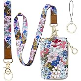bolimoss 2-in-1 Floral Lanyard Wallet & ID Badge Holder, Vertical Leather ID Card Name Badge Holders with Small Zip ID Case Breakaway Wristlet & Cute Neck Lanyard for Offices, Woker, Teacher, Students