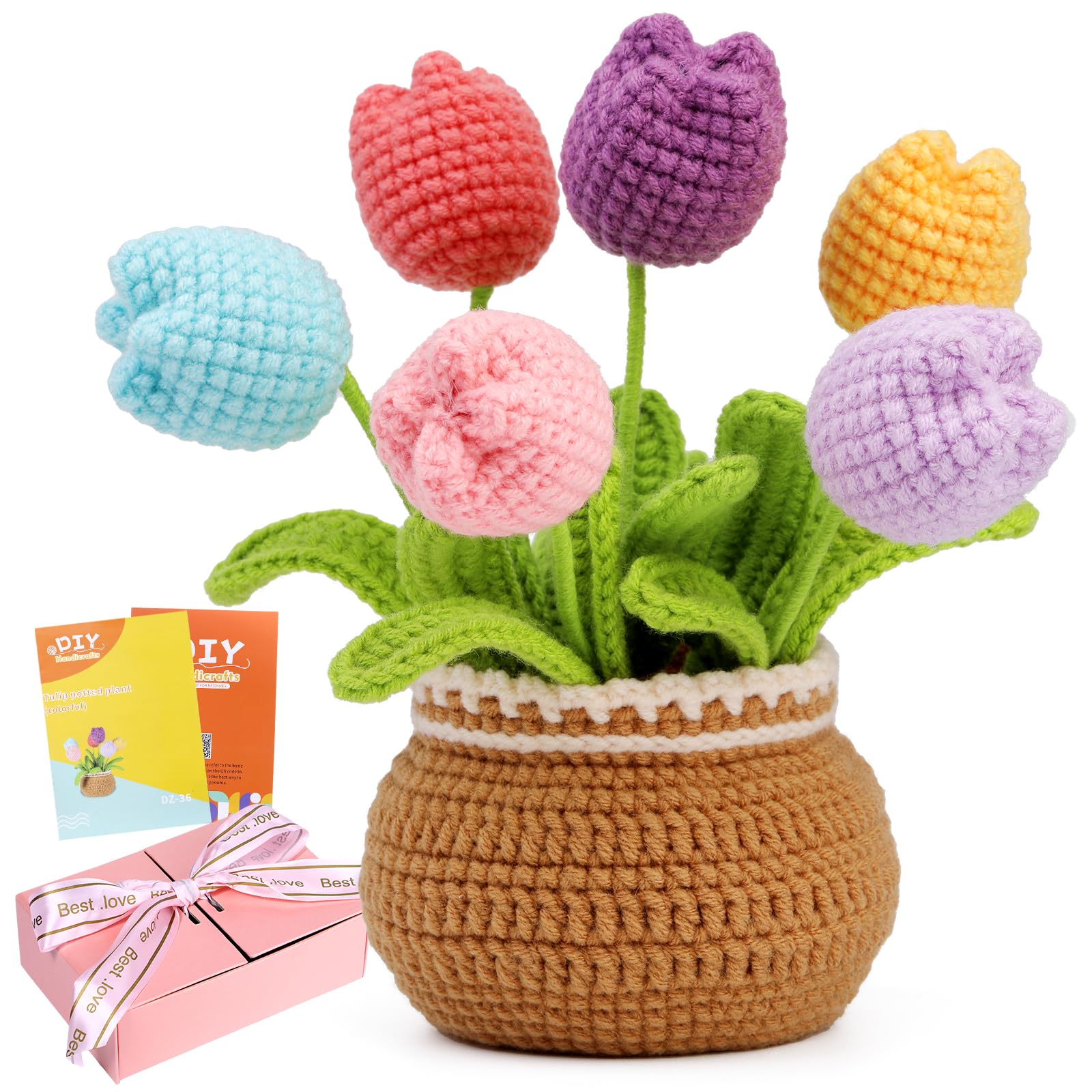 ENCHOL Beginner Crochet Kit, Complete Crochet Kits-Flower Bouquet Potted, Crochet Potted Flowers, Mother's Day Colorful Tulip Potted DIY Crochet Kits with Step-by-Step Video Tutorials