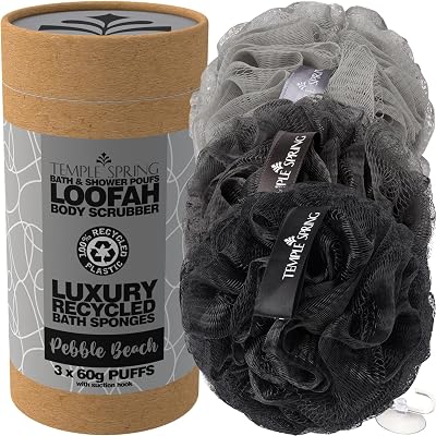 Temple Spring Grey Recycled Mesh Loofah Shower Puff 3 Pack