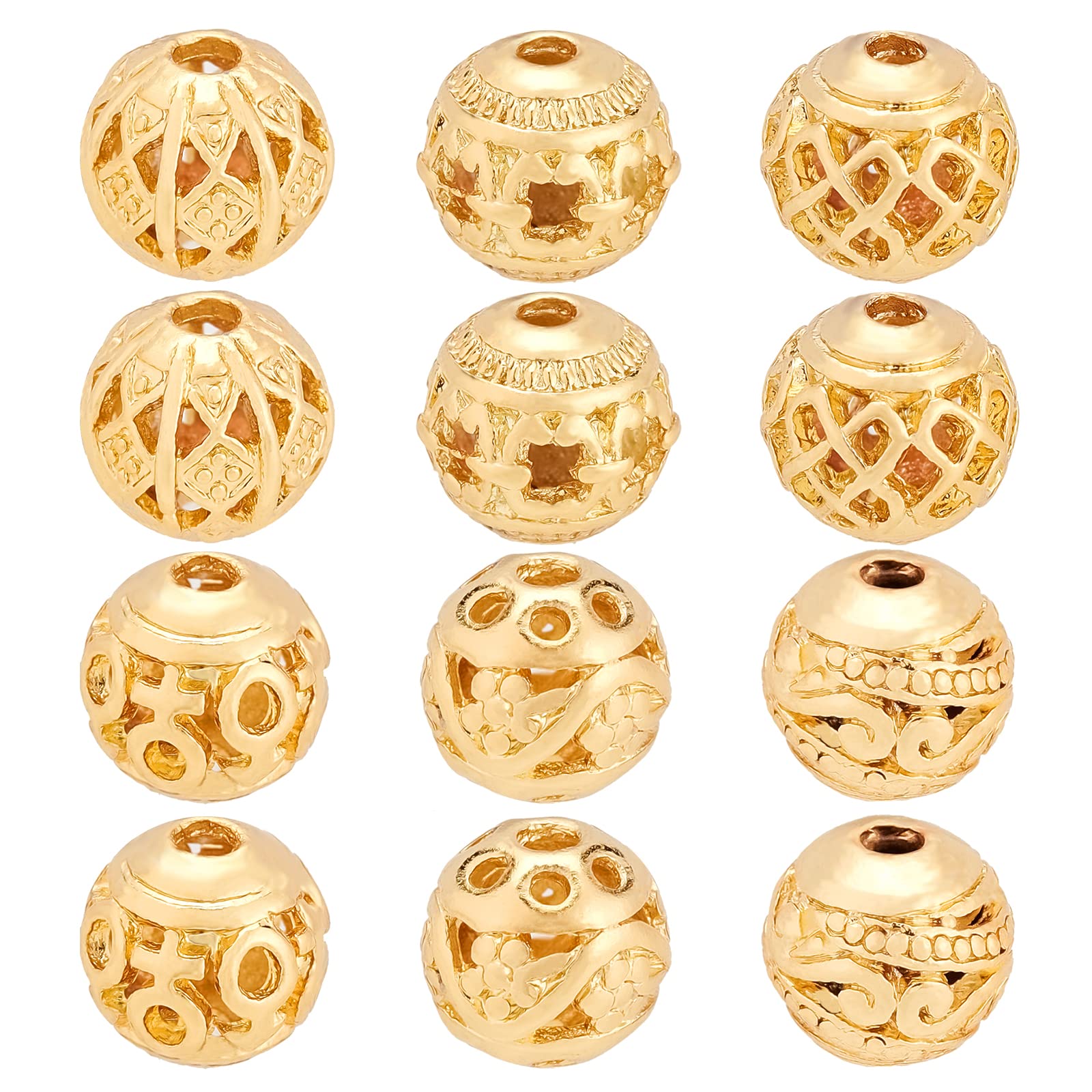 BENECREAT 36Pcs 6 Style 18K Gold Plated Round Loose Beads Hollow Alloy Spacer Beads for DIY Necklace Bracelet Jewelry Craft Making