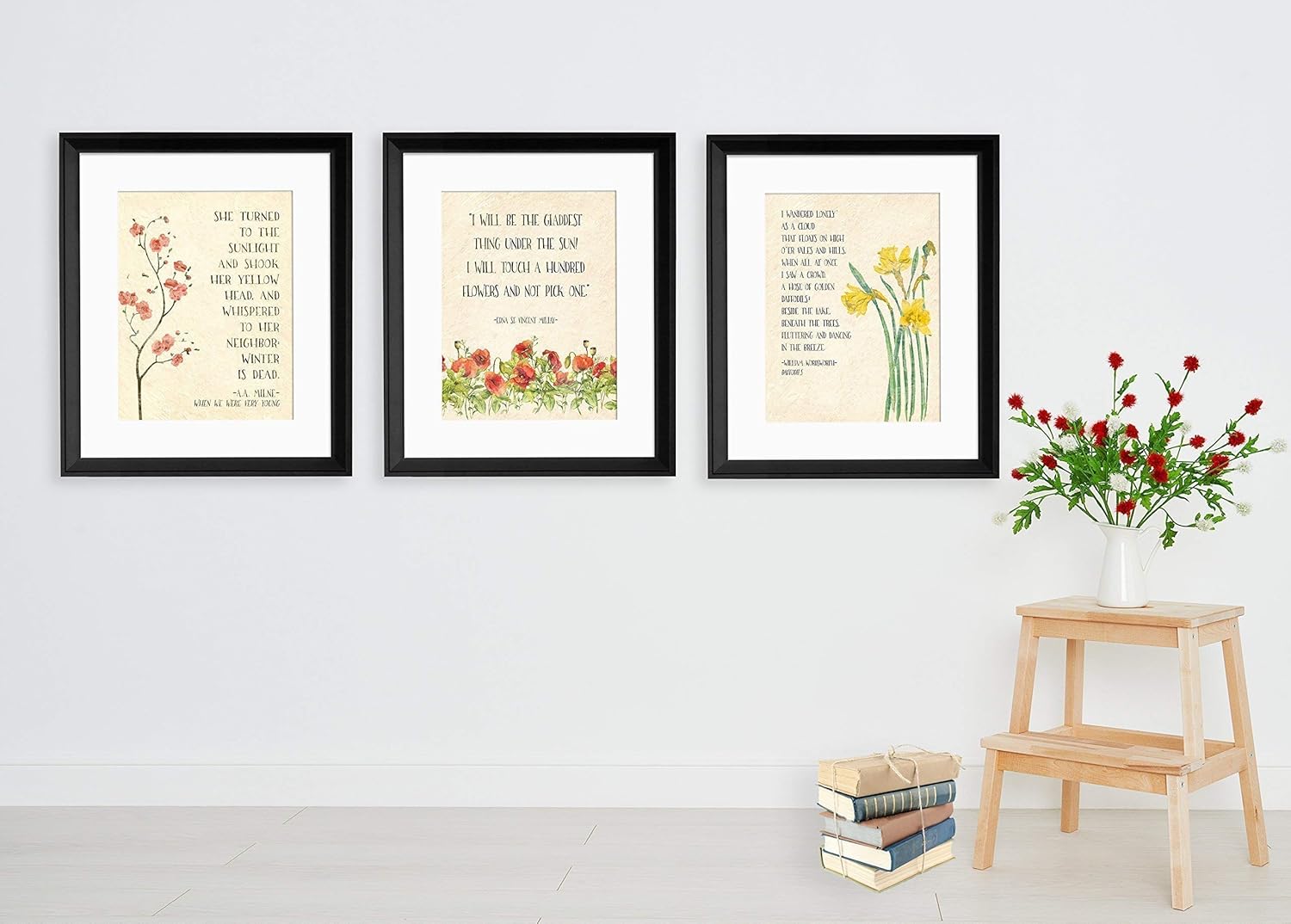 Poetry Quote Floral Art Print Set Inspirational Quote Prints Featuring William Wordsworth Edna St Vincent Millay And Aa Milne For Home Nursery