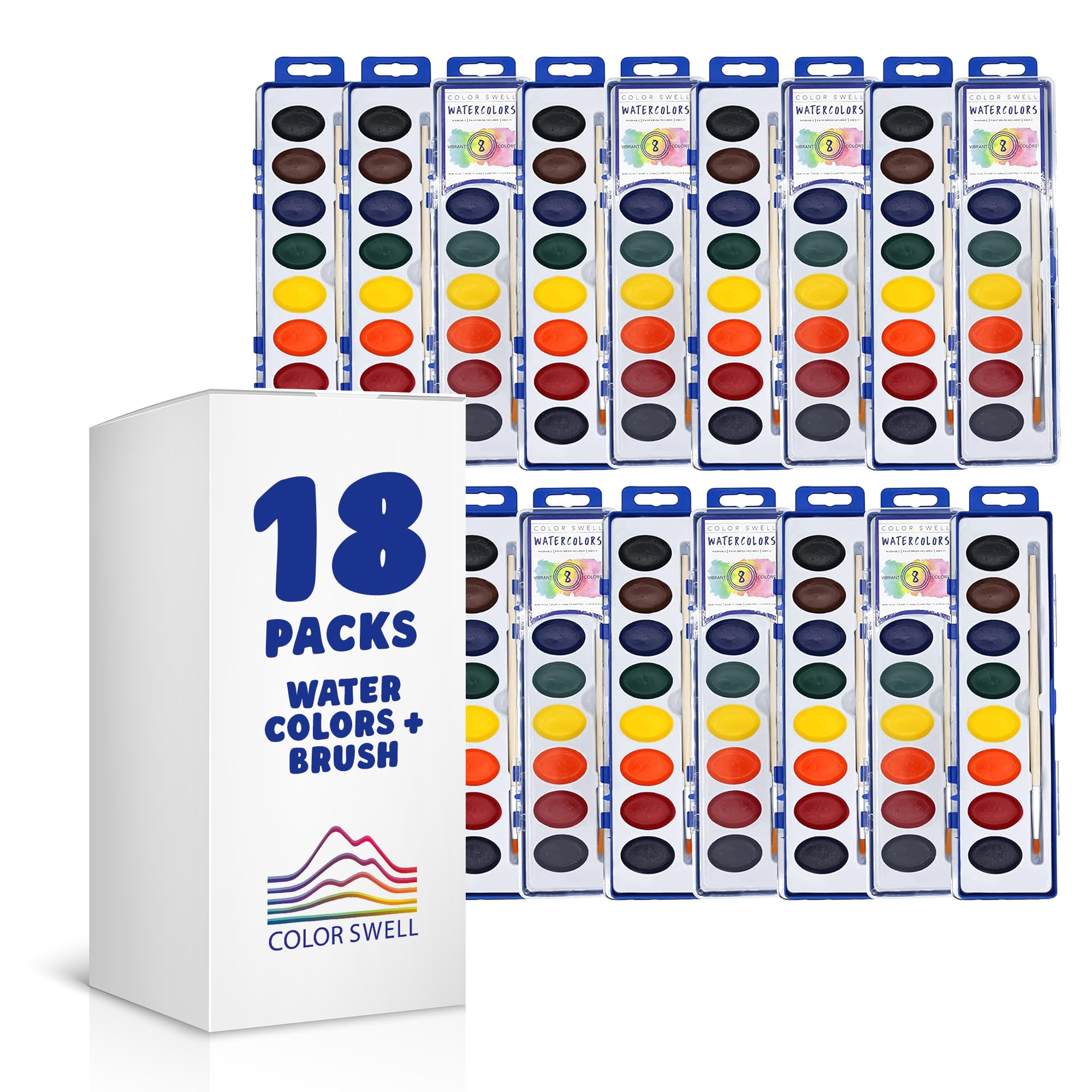 18 Sets Watercolours Paint Pack with Smooth Wood Brushes 8 Colours Washable Water Colours