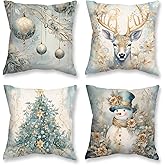HOMFREEST Winter Christmas Pillow Covers 18x18 Set of 4 Blue and Gold Trees Reindeer Snowman Balls Decorative Throw Pillows Xmax Holiady Outdoor Cushion Cases for Sofa Couch