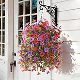 Artificial Flowers Hanging Baskets, 4 Bundles Outdoor Hanging Basket Spring Summer Decoration, No Fade Realistic Fake Flowers Plants for Porch Patio Balcony Home Yard Decor(Red Purple)