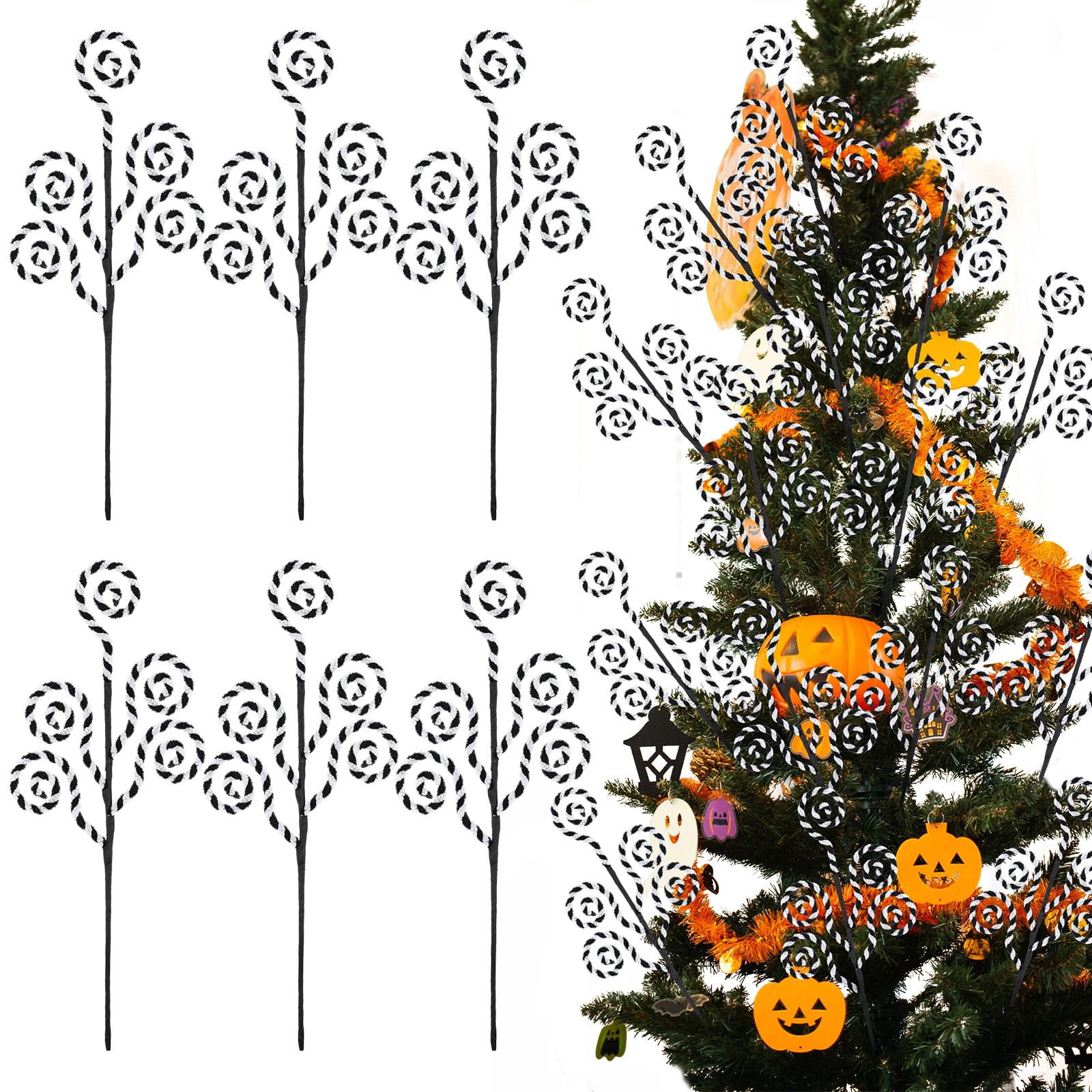 Photo 1 of 6 Pcs Christmas Tree Picks Decor Halloween Sandworm 16'' Black White Christmas Ornament Tree Topper Lollipop Stick Candy Cane Plush Decor Woolen Bells Curly Pick Branch for Vase Wreath Home DIY Craft