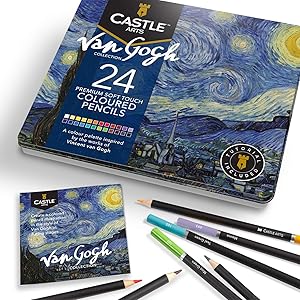 Castle Arts Themed 24 Colored Pencil Set in Tin Box, perfect ‘Van Gogh’ inspired colors. Featuring, smooth colored cores, superior blending & layering performance for great results