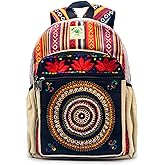 Anitya Hemp Backpack, 16x11 inches, Multi-Compartment Boho Daypack with Laptop Sleeve, Mandala & Lotus Embroidered Front Pocket, Handmade Nepal Hemp Bag, Unisex Eco-Friendly Travel Backpack