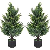 2.3FT Tall Artificial Cedar Topiary Trees Set of 2, Artificial UV Resistant Potted Plants, Faux Bushes Fake Shrubs for Outdoor Indoor Home Entryway Front Porch Garden Patio Offices Living Room Decor
