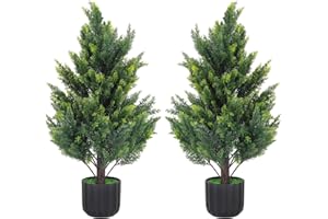2.3FT Artificial Cedar Topiary Trees Set of 2, Artificial UV Resistant Potted Plants, Faux Bushes Fake Shrubs for Outdoor Ind
