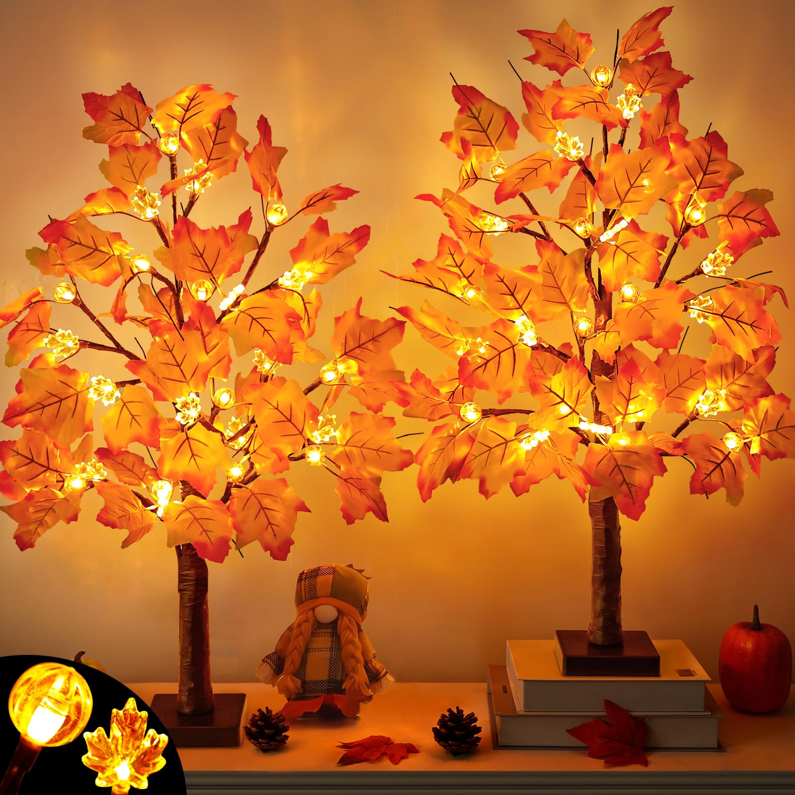 Photo 1 of 2 Pack 24 Inch Lighted Fall Maple Tree for Fall Decorations with 48 LED Timer Battery Operated Artificial Fall Light up Trees for Home Indoor Outdoor Autumn Harvest Thanksgiving Table Decor