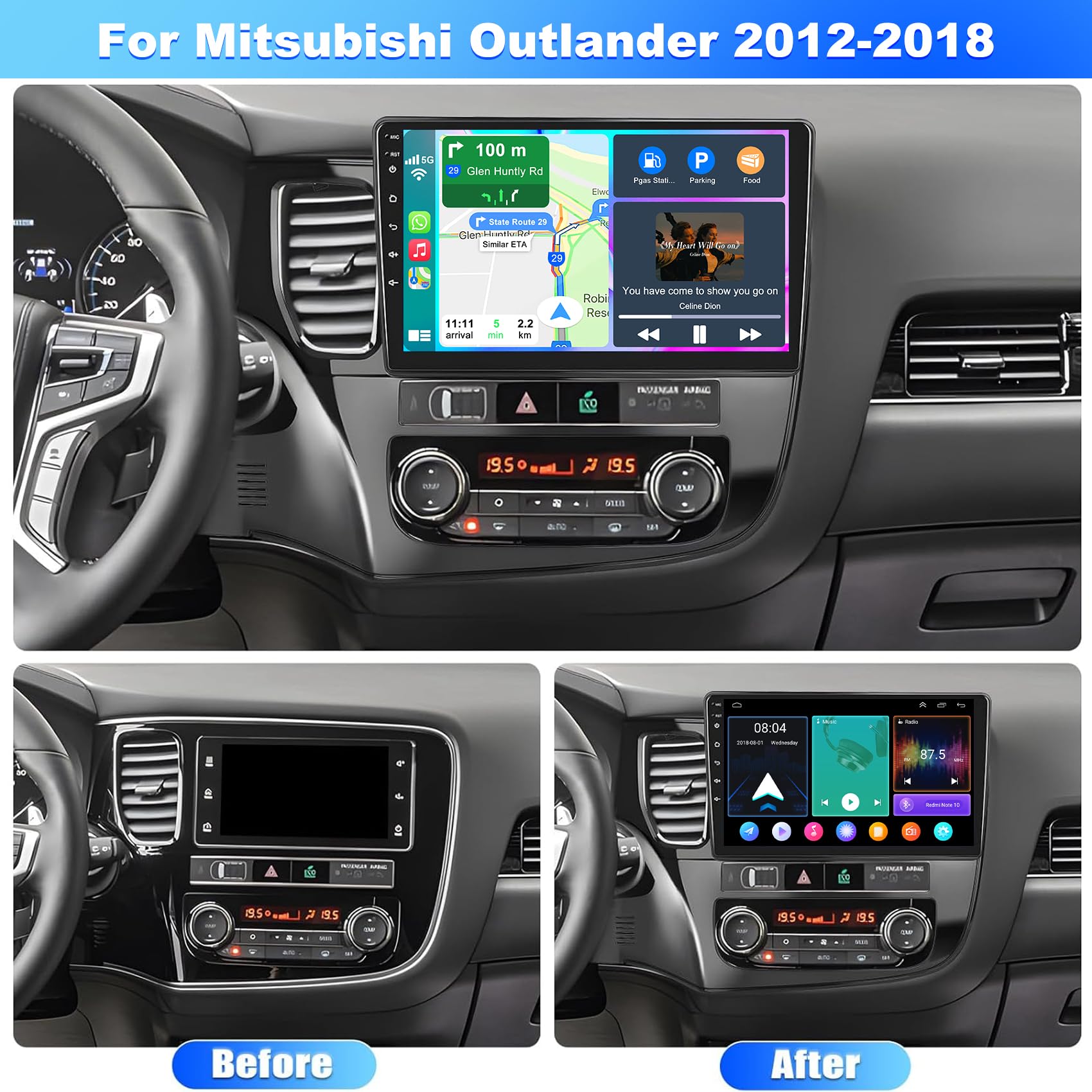 4G+64G Car Radio for Mitsubishi Outlander 2012-2018 Head Unit with Wireless Carpaly & Android Auto,10 Inch IPS HD Touch Screen Car Stereo Support GPS/Bluetooth 5.2/FM/Backup Camera/WiFi/SWC
