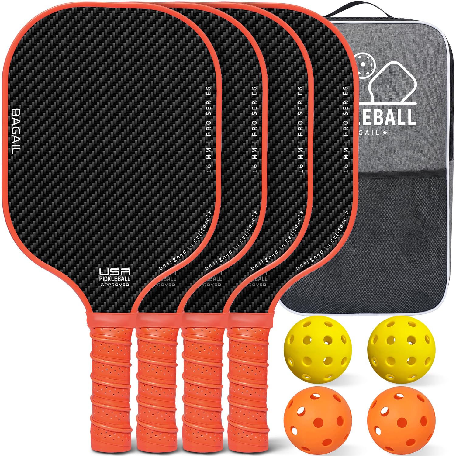 BAGAIL Pickleball Paddles Set, Pickle Ball Rackets with 4 Balls, Light - High Shock Absorption - Ergonomic, Suitable for Indoor and Outdoor Pickleball Games