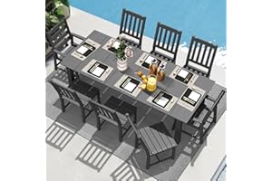 LOUNZY 9 Pieces Patio Dining Sets, Outdoor HDPE Furniture Set for 8 w/ 2" Hole Cut-Out Dining Table with 8 Patio Chairs(2 W/Armrest, 6 w/o Armrest), Gray