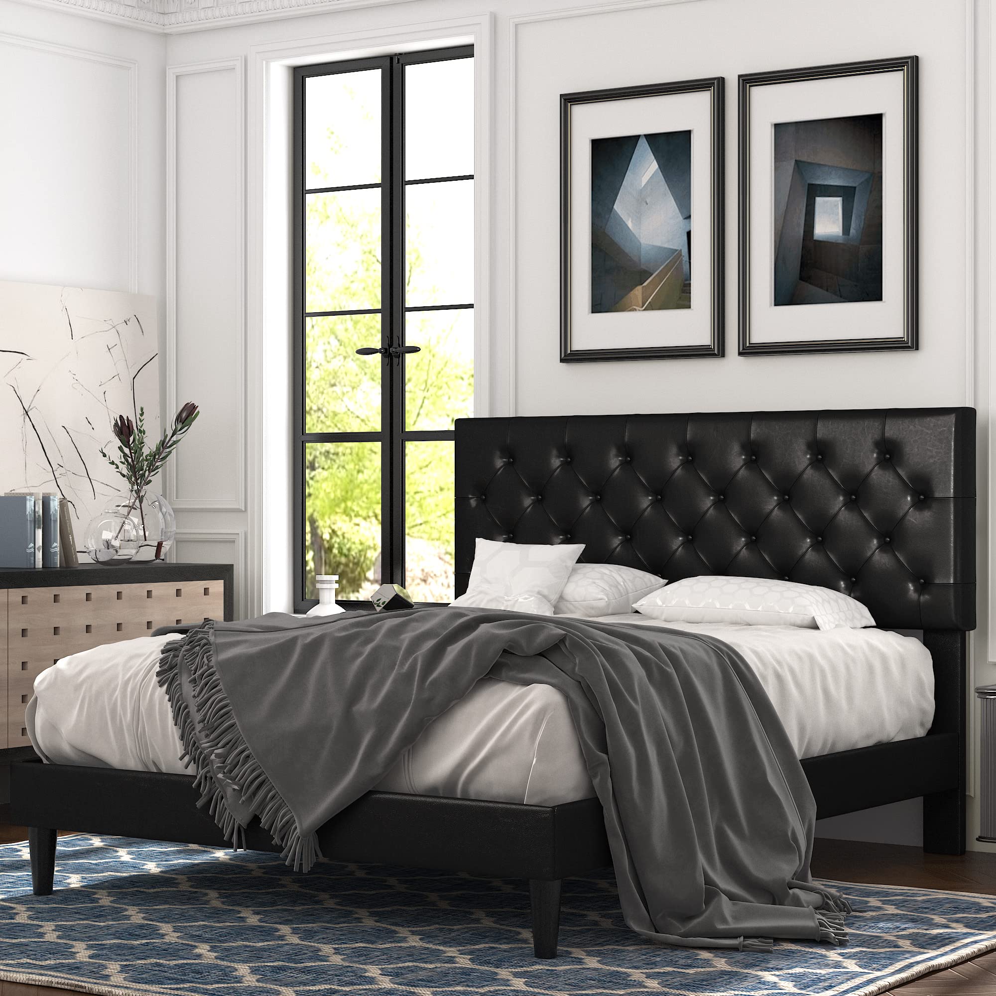 Allewie Queen Size Platform Bed Frame, Adjustable Faux Leather Headboard with Diamond Stitch and Button Tufted, Sturdy Wood Slats, Easy-Assembly, No Box Spring Needed, Deep Black Image