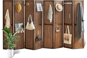 Asnefeli 8 Panel Wooden Room Divider, Pegboard Display with 32 Hooks, 5.6Ft Folding Privacy Screen Wood Room Divider Portable Freestanding Wall Organizer for Office Bedroom Reading Room (Brown)