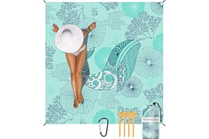 Airensky Beach Blanket Sandproof, Oversized Beach Mat 79" X 82" for 4-7 Adults, Waterproof Beach Blanket Quick Drying Lightweight Blanket with 4 Stakes for Outdoor Travel Camping Hiking(Green Whales)
