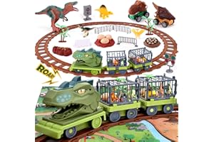 B BASCOLOR Dinosaur Toys Train Set for Kids Dinosaur Train Toy with Electric Locomotive & Track, 3 Pull Back Cars, Dino Eggs, Play Mat Birthday Christmas Train Toy Gifts for 3 4 5 6 7 8+ Year Old Kids