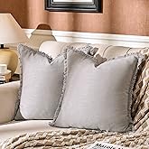 AmHoo Pack of 2 Linen Pillow Covers with Tassels Fringed Decorative Rustic Natural Throw Pillowcase Cushion for Couch Sofa Bedroom 20 x 20-Inch Light Grey