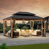 Modern Shade Hardtop Gazebo 12x16 with 4 LED Lights for Backyard Wood Grain | Hard Top Gazebo with Galvanized Steel Double Roof, All-Weather Metal Gazebo with Sturdy Hooks, Mosquito Net for Patio, Garden