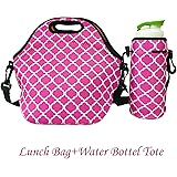Amerzam Neoprene Lunch Bags/Lunch Boxes, Waterproof Outdoor Travel Picnic Lunch Box Bag Tote with Zipper and Adjustable Crossbody Strap (Rose Red Lunch Bag+Water Bottle Tote)