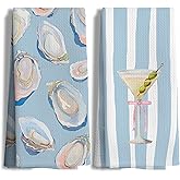 Nipil Coastal Oyster Shell and Martini Kitchen Towels Set of 2, Watercolor Seafood Cocktail Hand Towels for Kitchen Bar Seaside Restaurant, Beach Lover Gifts Hand Towels, 16x24 Inch
