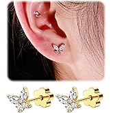 Enticera Flat Back Stud Earrings for Girls Women 14K Gold Plated Cartilage Stud Earrings 20G Hypoallergenic Surgical Steel CZ Snake Flower Butterfly Screw Back Nap Earrings Studs