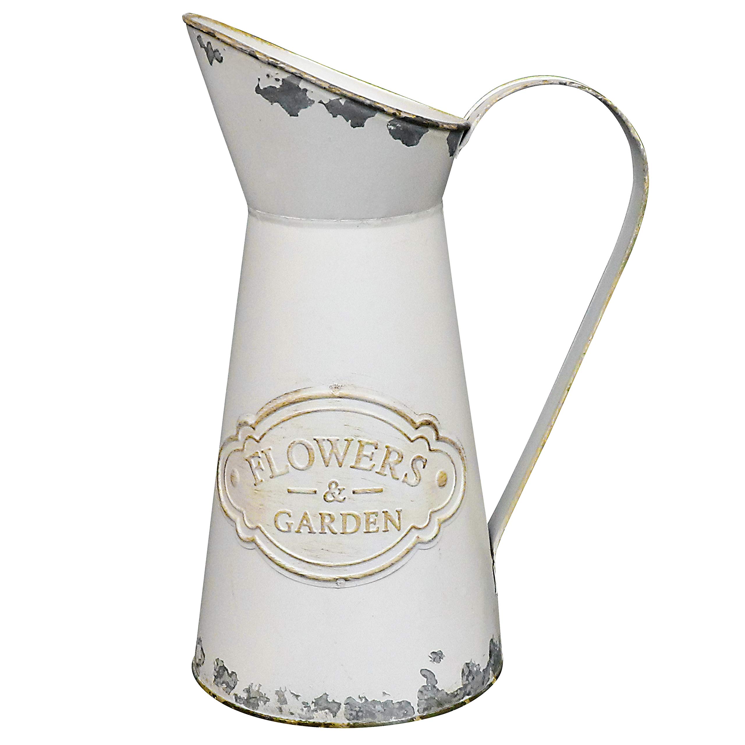 Fovasen Tall French Style Rustic Shabby Chic vase Galvanized Primitive Vintage Vase Metal Pitcher Flower Vase Farmhouse Country Jug Vase Holder for Home Decoration White -11"