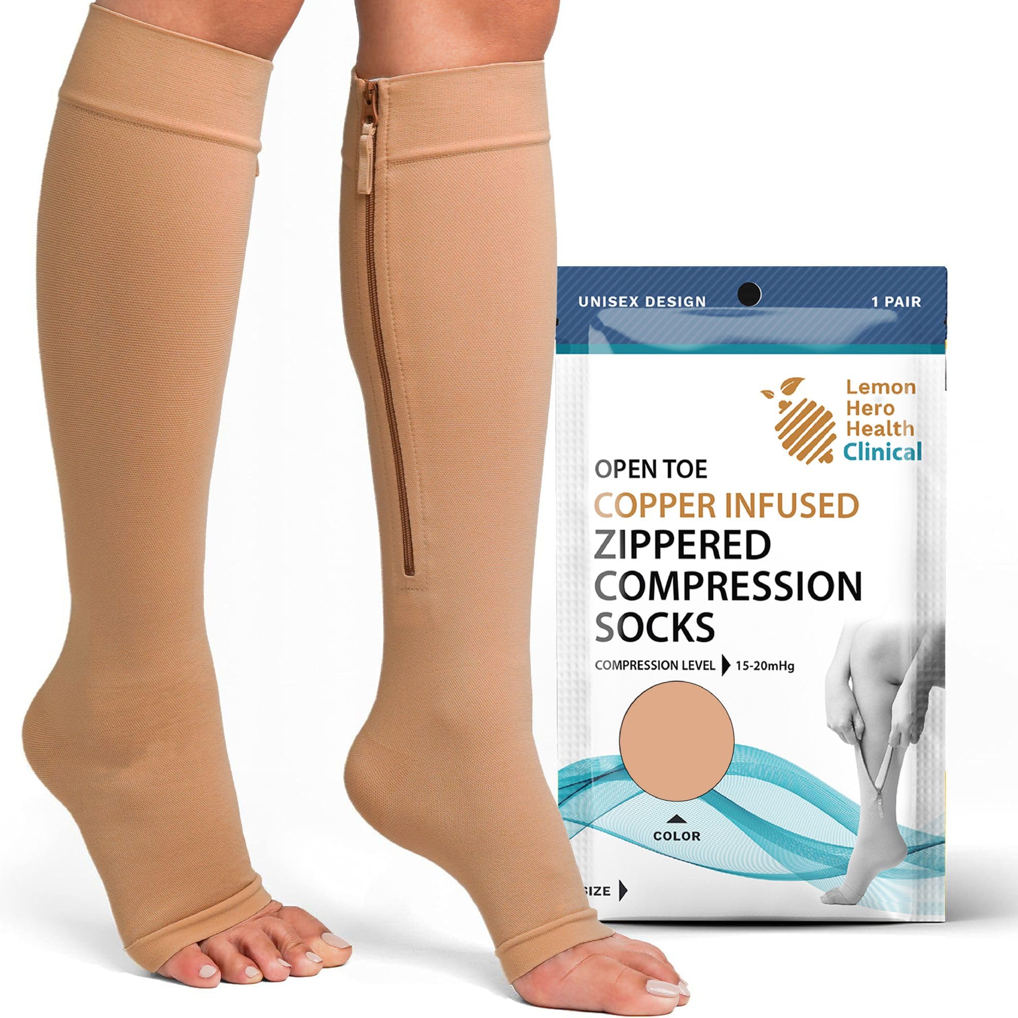 Photo 1 of Lemon Hero Copper-Infused Open Toe Zippered Compression Socks 15-20mmHg | Toeless Knee High Compression Stockings for Women and Men | Provide Blood circulation Support and Varicose Vein Relief (Large)