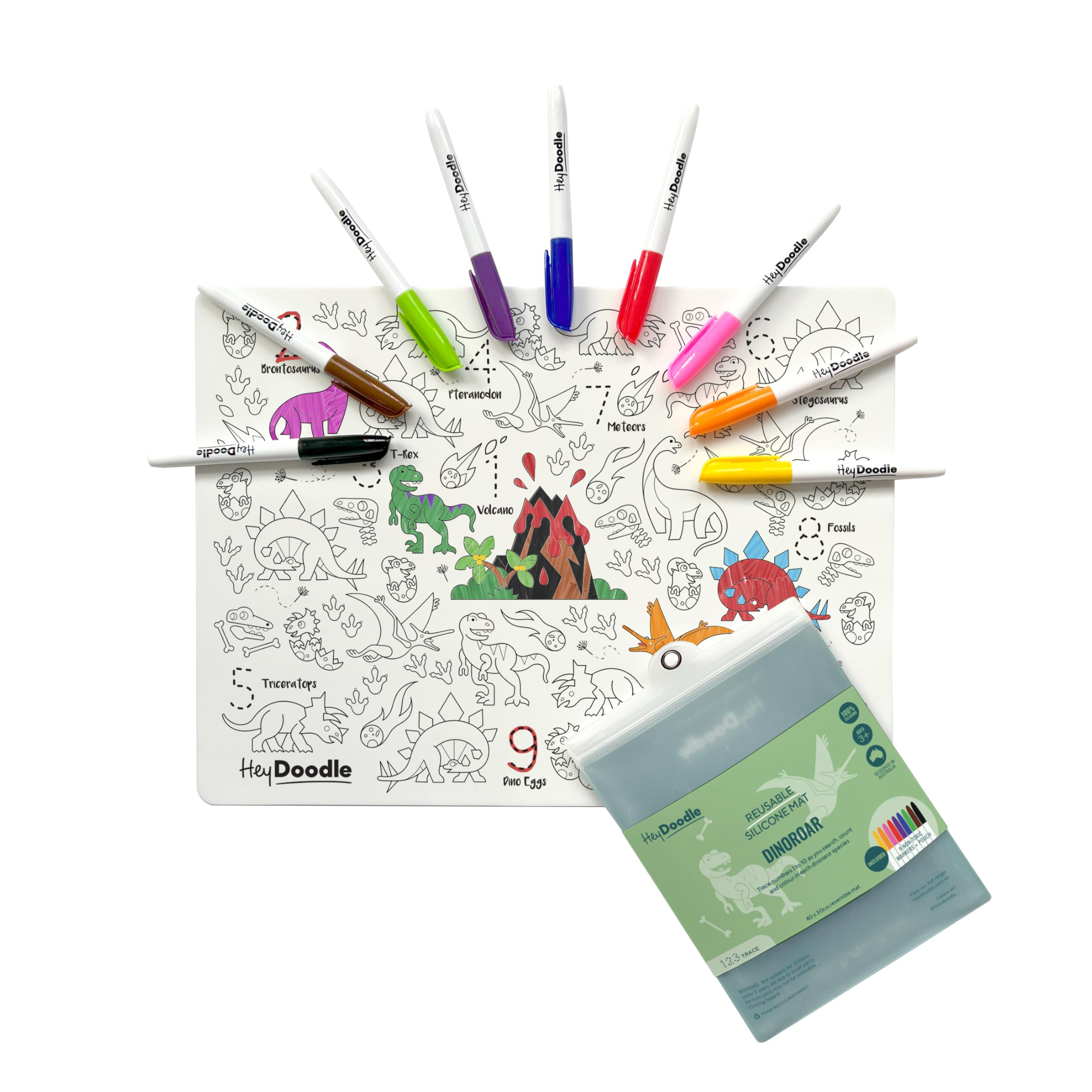 HeyDoodle DinoRoar Classic Doodle Mat – Reusable Silicone Coloring Mat for Toddlers and Kids – Educational Dinosaur & Numbers Activity Pad with 9 Markers – Mess-Free Travel Toy – Ages 3-7