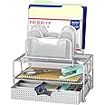 Simple Houseware Mesh Desk Organizer with Sliding Drawer, Double Tray and 5 Stacking Sorter Sections, Silver