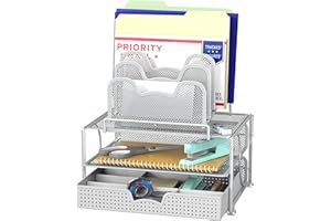 SimpleHouseware Mesh Desk Organizer with Sliding Drawer, Double Tray and 5 Stacking Sorter Sections, Silver