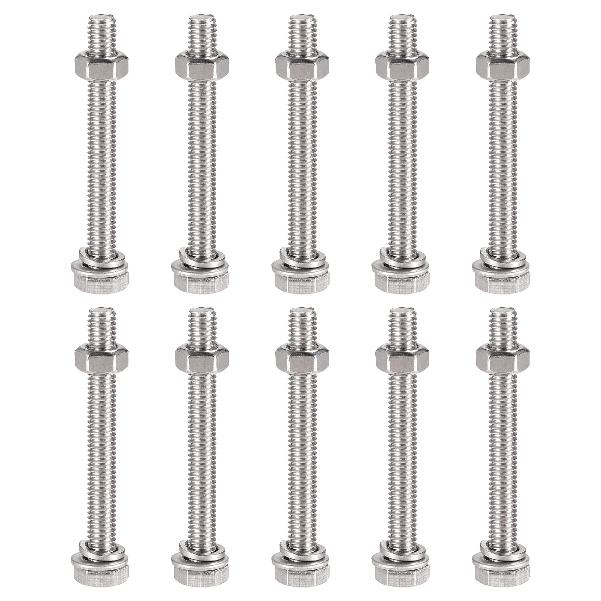 sourcing map M6 x 60mm Hex Head Screws Bolts, Nuts, Flat & Lock Washers Kits, 304 Stainless Steel Fully Thread Hexagon Bolts 10 Sets โ image 1