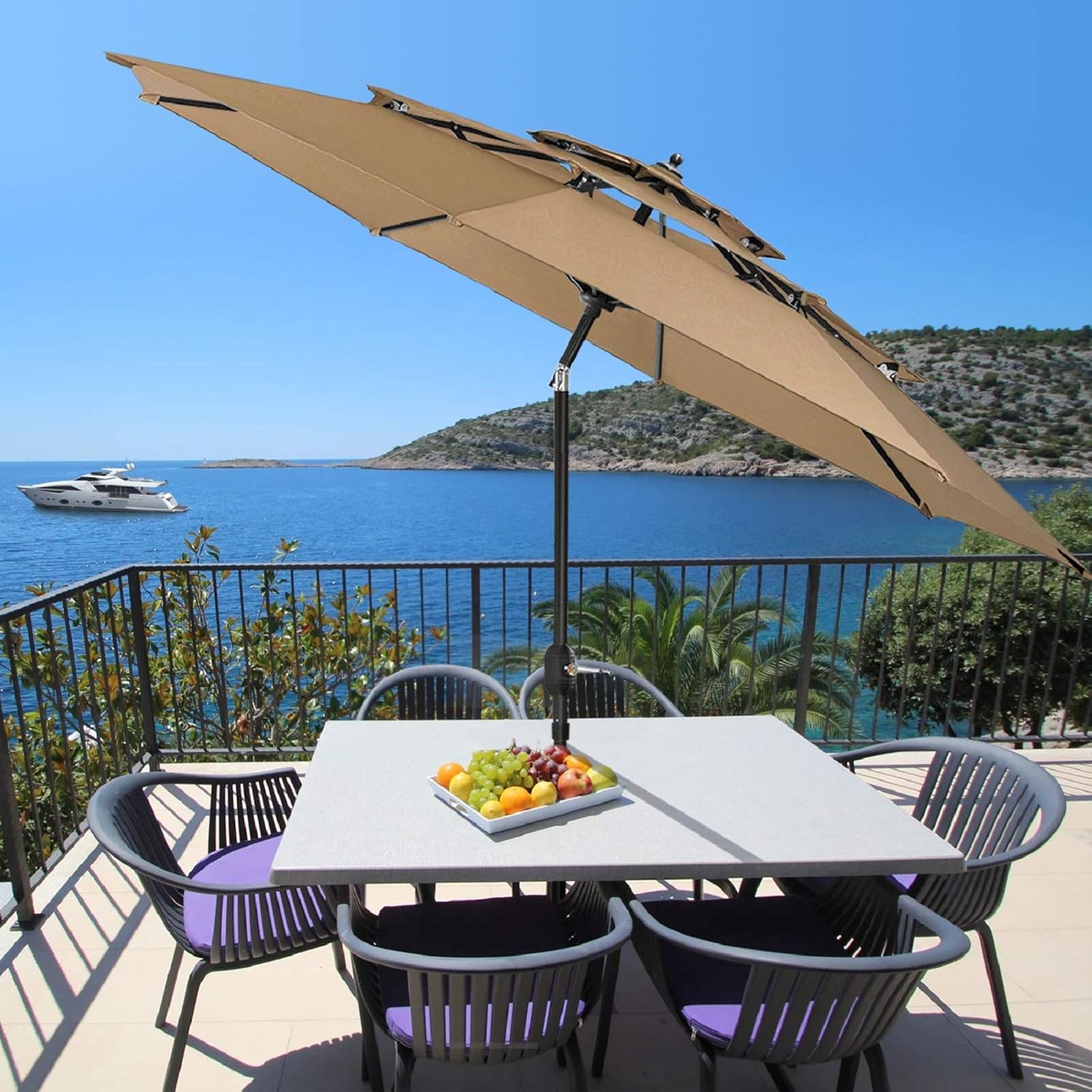 Amazon Com Patiassy 11 Ft 3 Tiers Patio Umbrella Outdoor Umbrella Patio Table Umbrellas With Push Button Tilt Crank And 8 Ribs For Garden Lawn Deck Backyard And Pool Tan Sports Outdoors