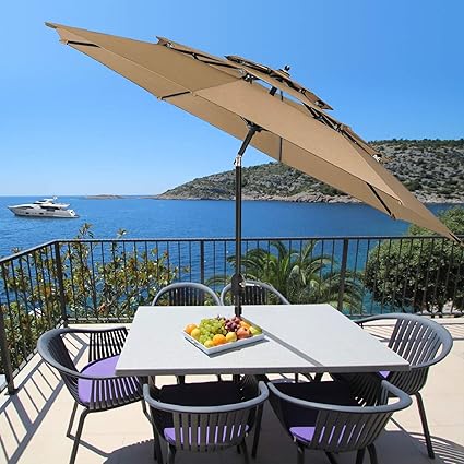 Amazon Com Patiassy 11 Ft 3 Tiers Patio Umbrella Outdoor Umbrella Patio Table Umbrellas With Push Button Tilt Crank And 8 Ribs For Garden Lawn Deck Backyard And Pool Tan Sports Outdoors