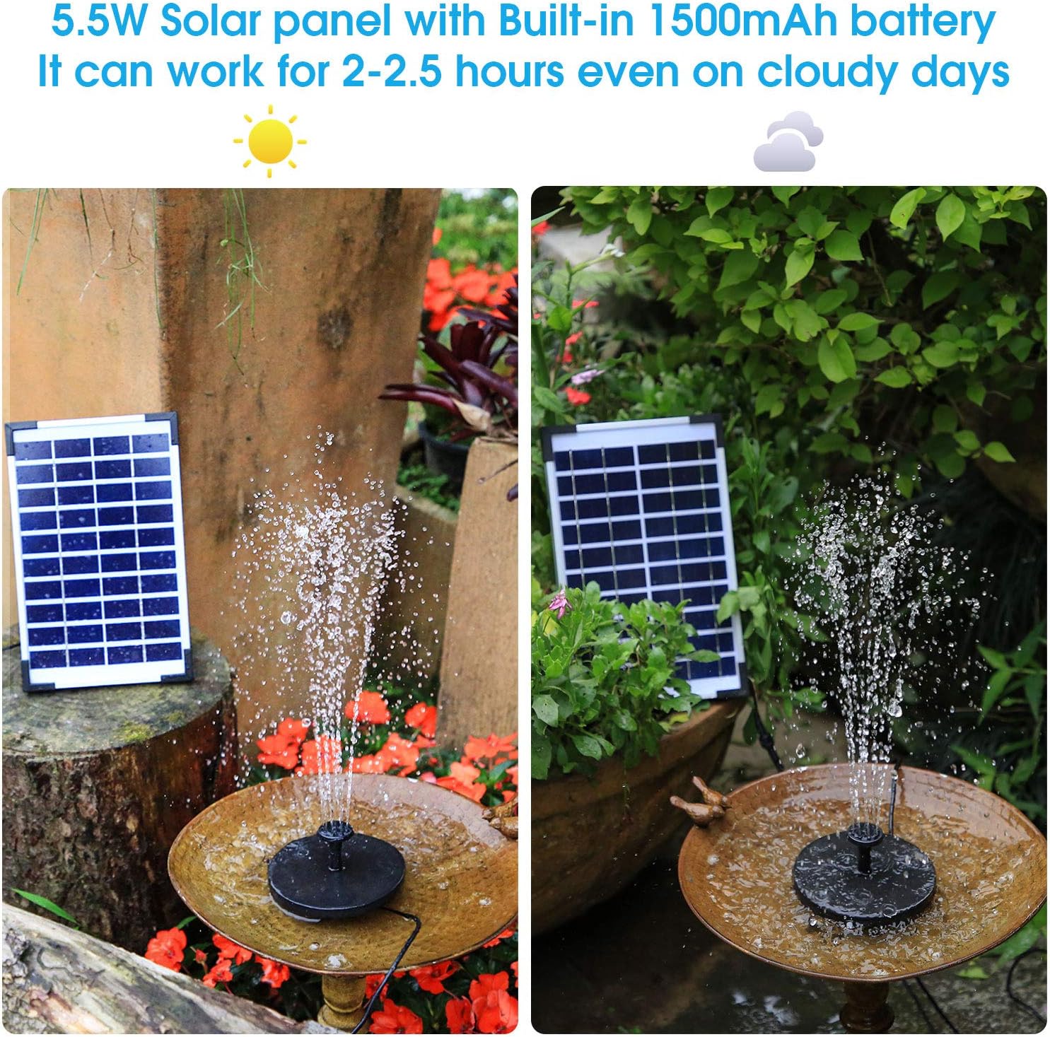 AISITIN 5.5W Solar Fountain Pump builtin 1500mAh Battery Water Pump