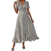 PRETTYGARDEN Women's Boho Floral Maxi Dress Summer Short Sleeve Wrap V Neck Long Flowy Beach Vacation Wedding Guest Dresses