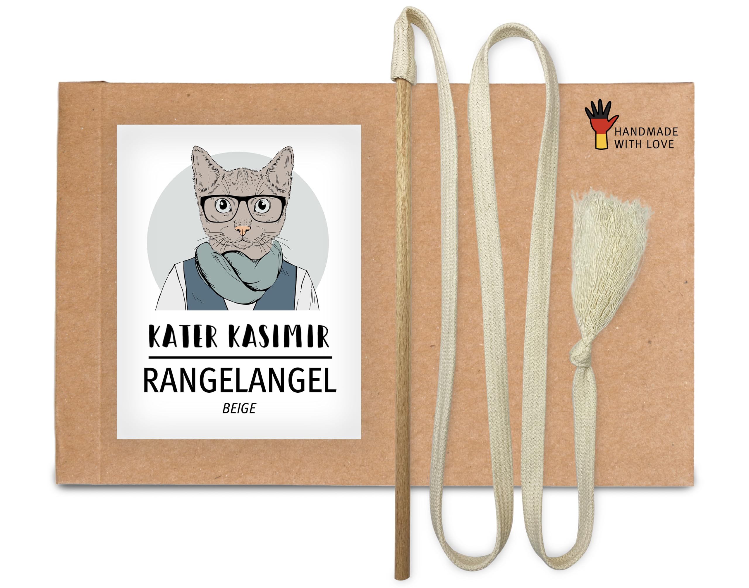 Kater Kasimir The RANGELANGEL: Our sustainable cat fishing rod with beech wood rod and beige cotton ribbon. Handmade in Germany and with love sustainable cat toy